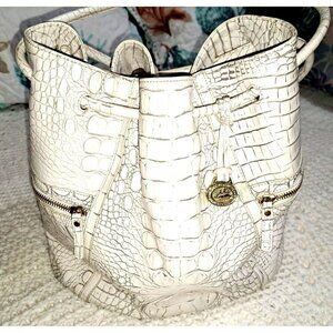 Brahmin Cream Dee Dee Grotto Croc Leather Bucket Drawstring Handbag